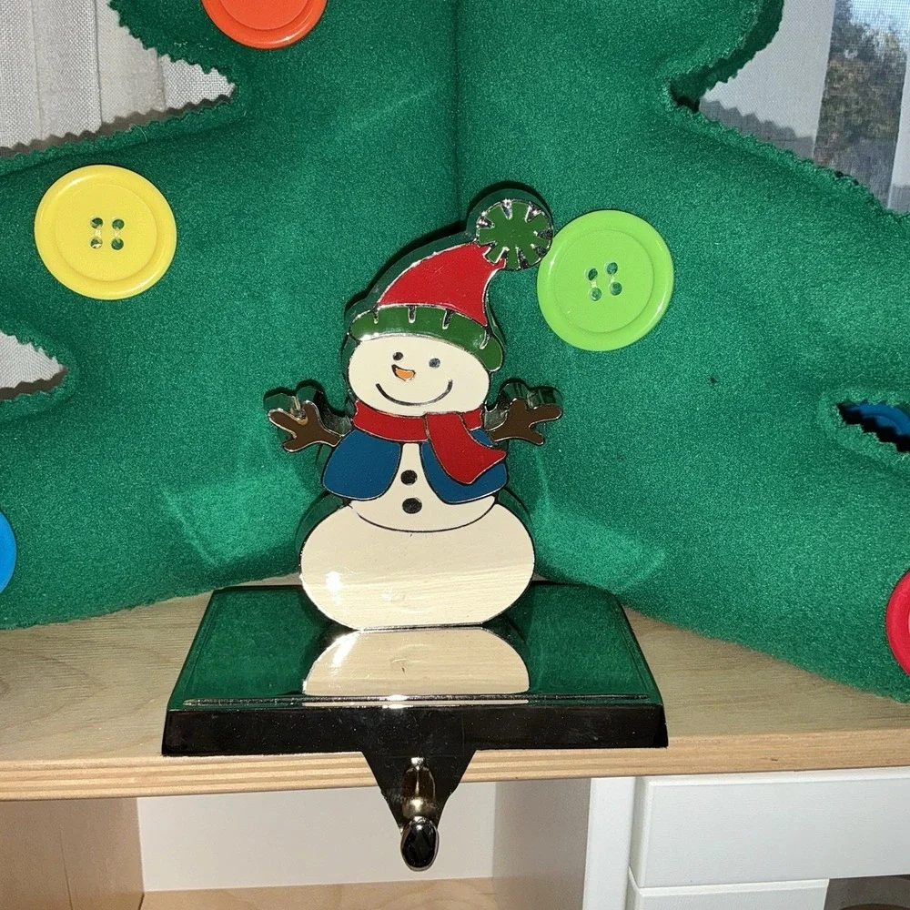 Vintage Enamel SNOWMAN STOCKING HANGER Mantel Holder Hook Christmas